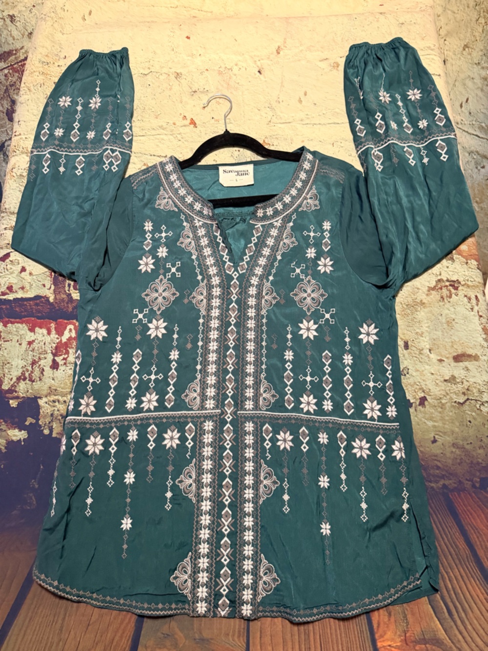 Savanna Jane Dark Teal Green Embroidered Peasant Blouse